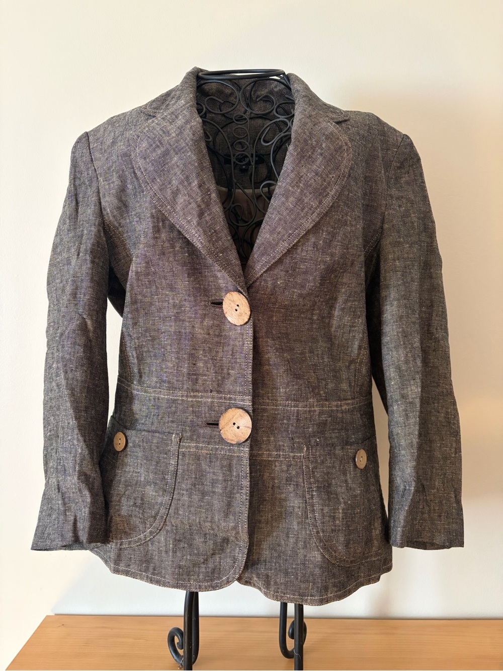 Mario Serrani Italy Linen Blend Blazer Jacket Size 8 Brown Chambray Wood Button